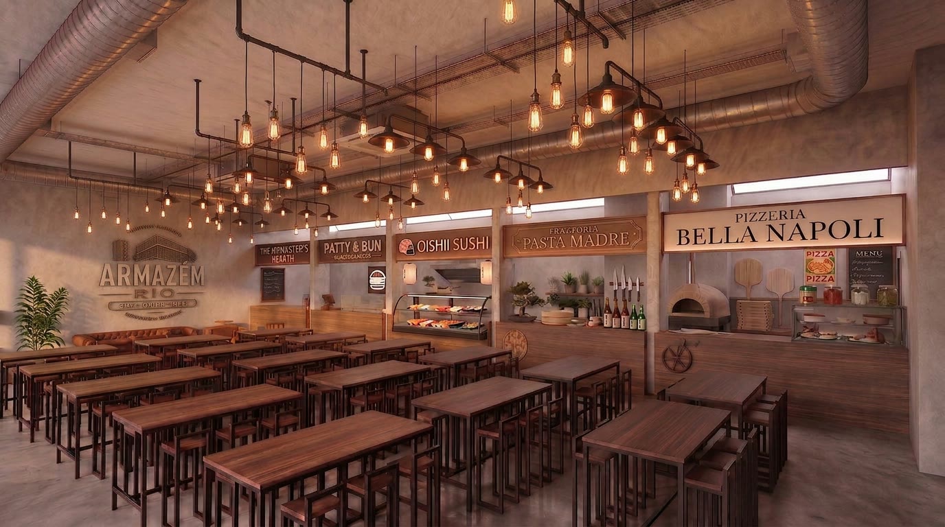Rooftop · mercado gastronômico com a marca Armazém Rio