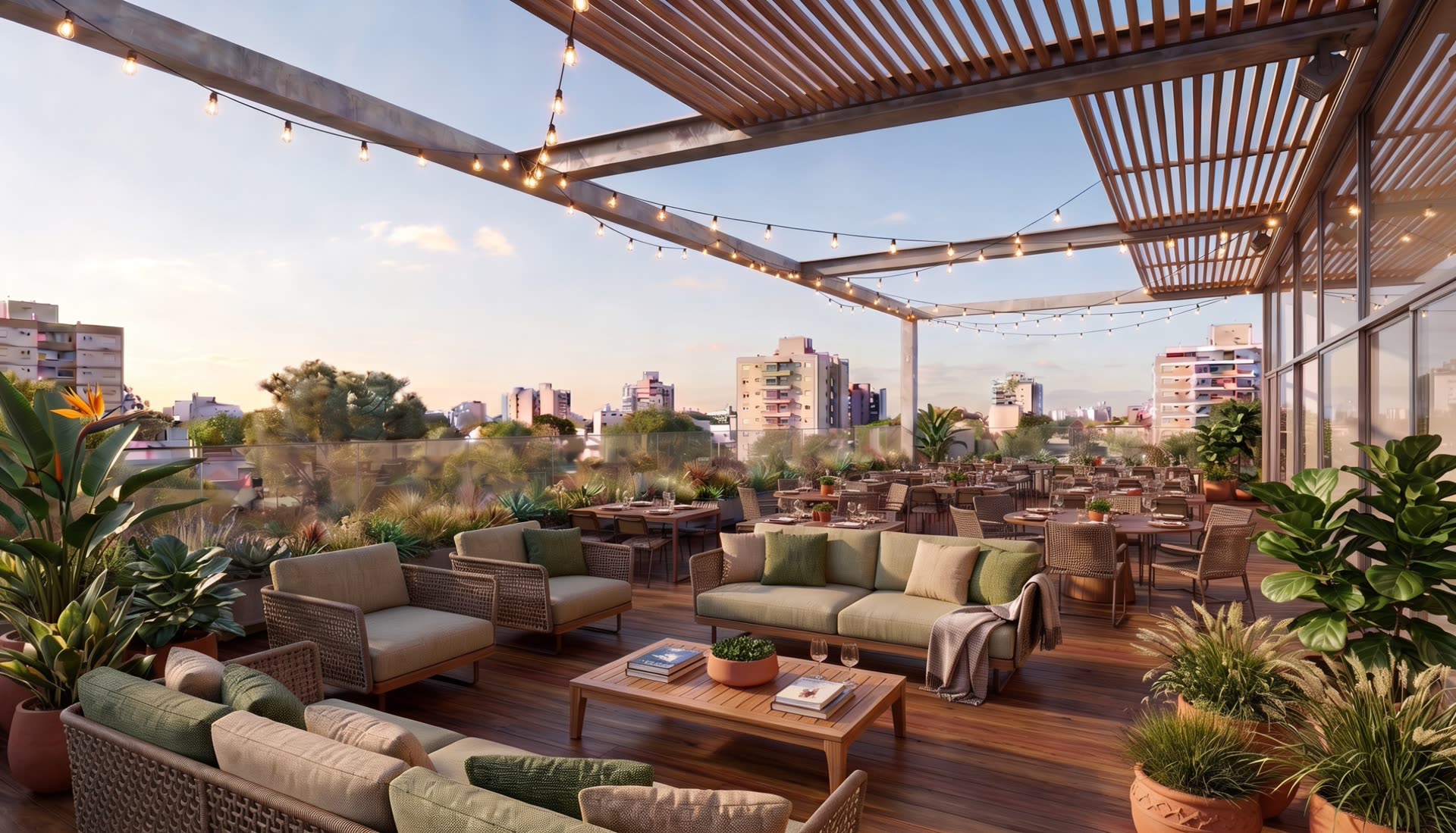 Rooftop ao dia — vegetação tropical e vista para o mar